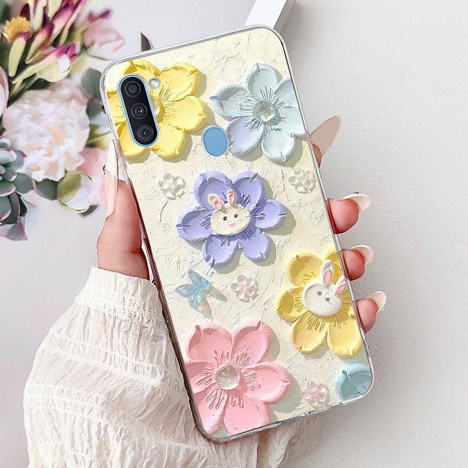 For Samsung Galaxy A11 M11 Phone Case Samsung A11 M11 A115F M115F Elegant Floral Cat Painted Soft Silicone Transparent TPU Cases