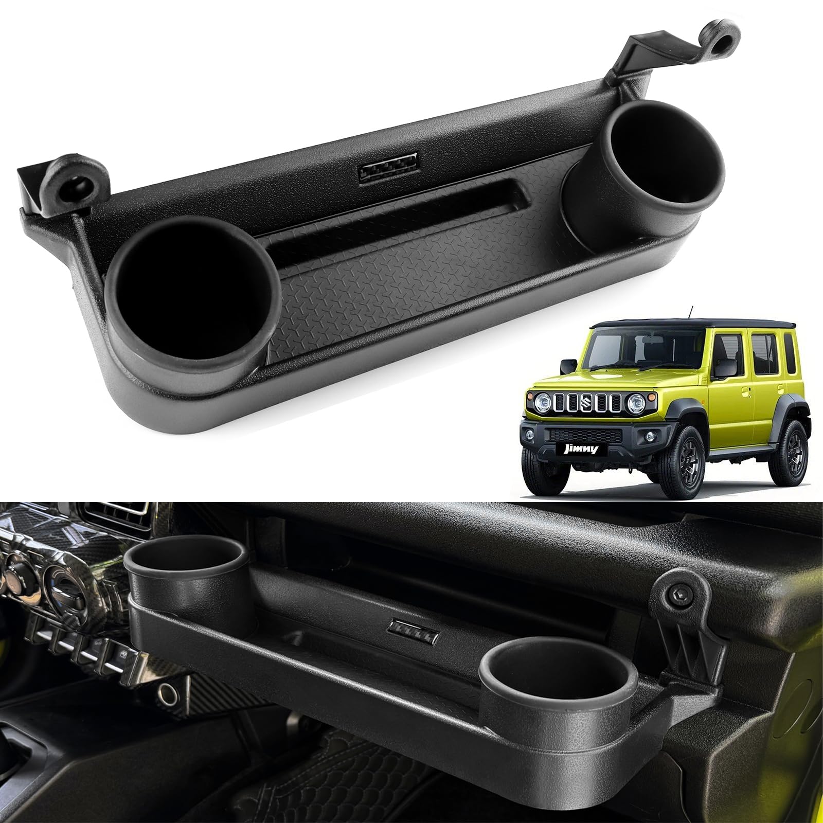 

FDAIUN Автомобильный органайзер для хранения на пассажирское сиденье, подстаканник и держатель для мобильного телефона для Suzuki Jimny 4-го поколения, материал ABS с силиконом, индивидуальный интерьер Suzuki Jimny чёрный