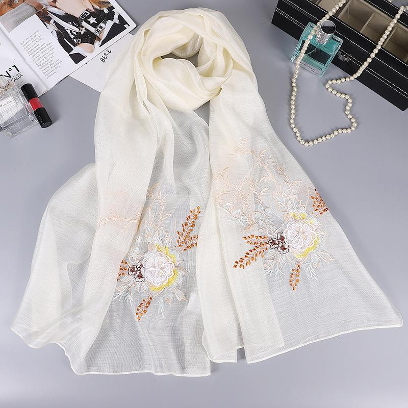 Autumn and winter silk scarf for women, beaded and embroidered cheongsam shawl, gift silk wool scarf, plain crepe satin белый