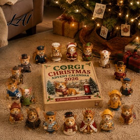 Christmas Party Favors 24 Days Advent Calendar 2026 with Mini Corgi Figurines Collectible Dog Toys Holiday Countdown for Kids Lovers Cute Ornaments