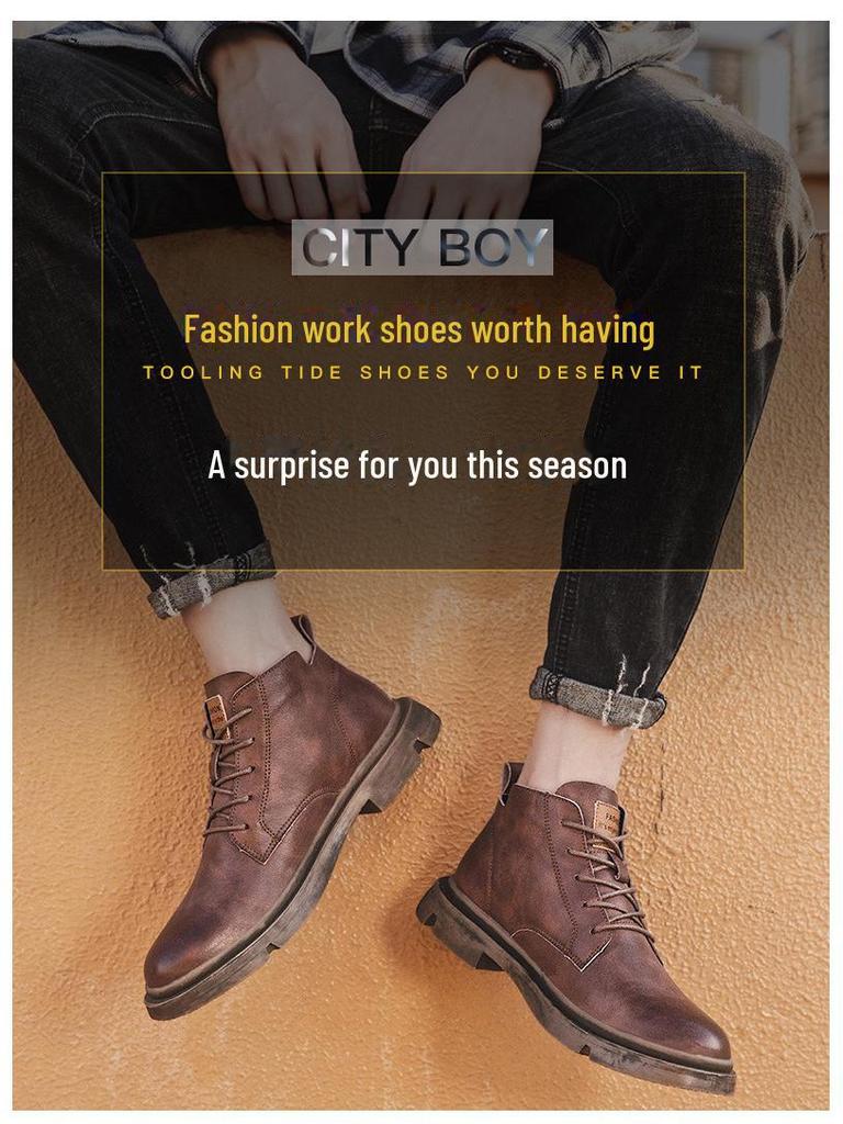 Men's Mid-Cut Leather Martin Boots - British Style Casual Spring/Autumn Work Shoes