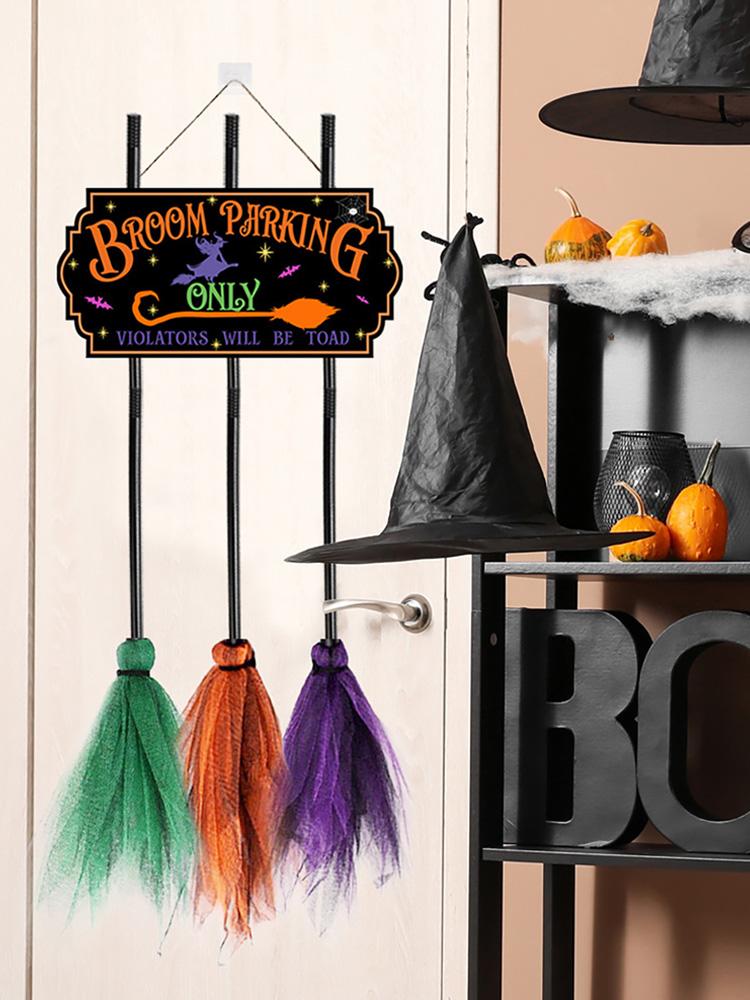 Broom Parking Sign 35.4 IN Wooden Witches Brooms Cute Witches Decoration Sign Spooky Holiday Witch Sign for Front Porch