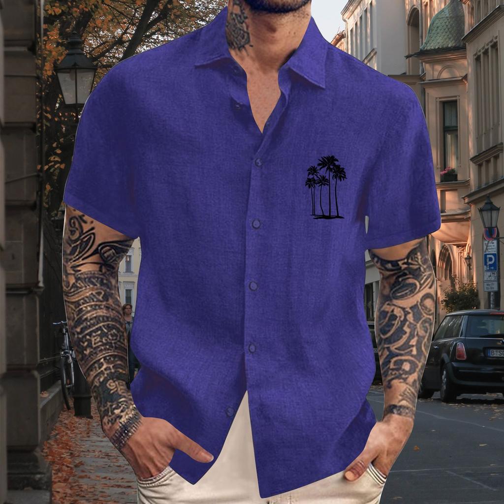 Men'S Casual Loose Short Sleeved Printed Shirt With Fashionable Lapel Top