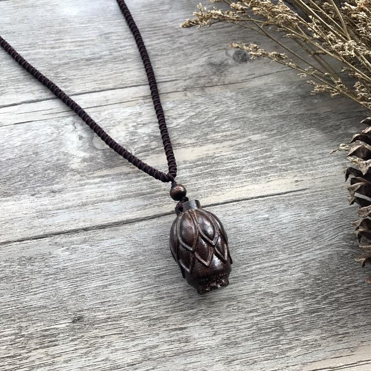 Retro Hand-carved Mahogany Long Necklace Women's Fashion Temperament Cotton and Linen Clothing Sweater Chain Accessories