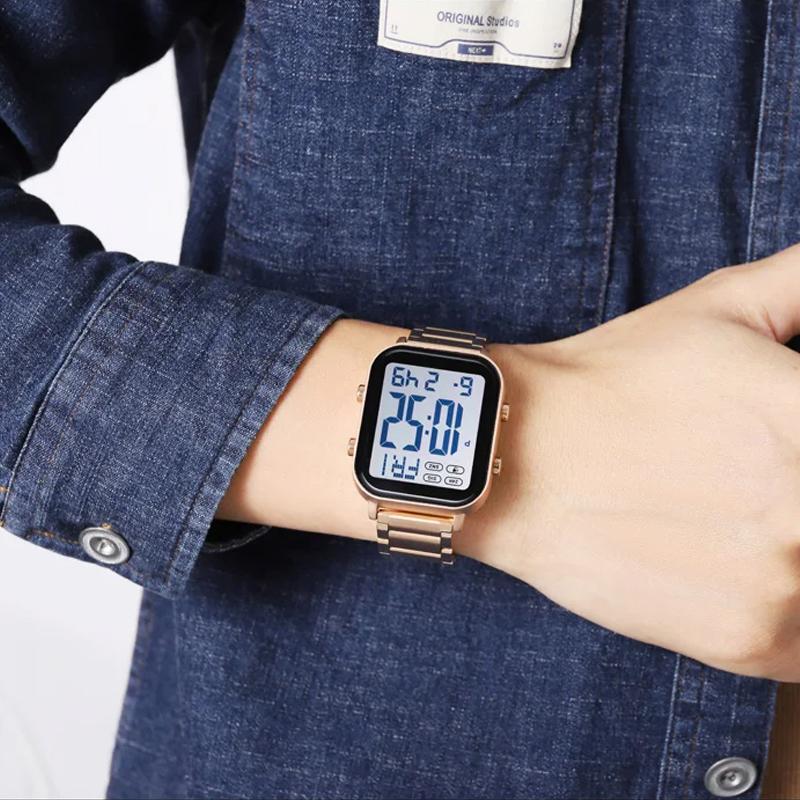Digital Watch for Men Waterproof Sport Electronic Wristwatch EL Display Stainless Steel Watches