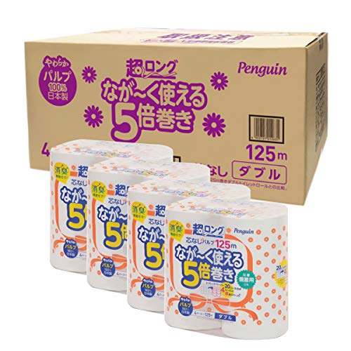 Marutomi Paper [Case Sale] Penguin Extra Long Pulp Toilet Paper, 125m, 4 Rolls, Double, 4 Packs