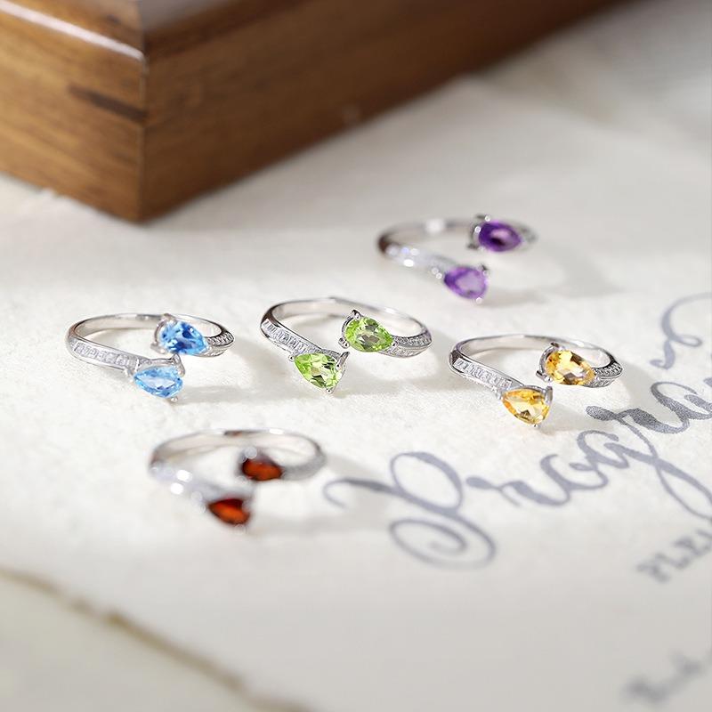 Women's S925 Sterling Silver Droplet Natural Crystal Adjustable Open Ring Garnet Topaz Jewelry