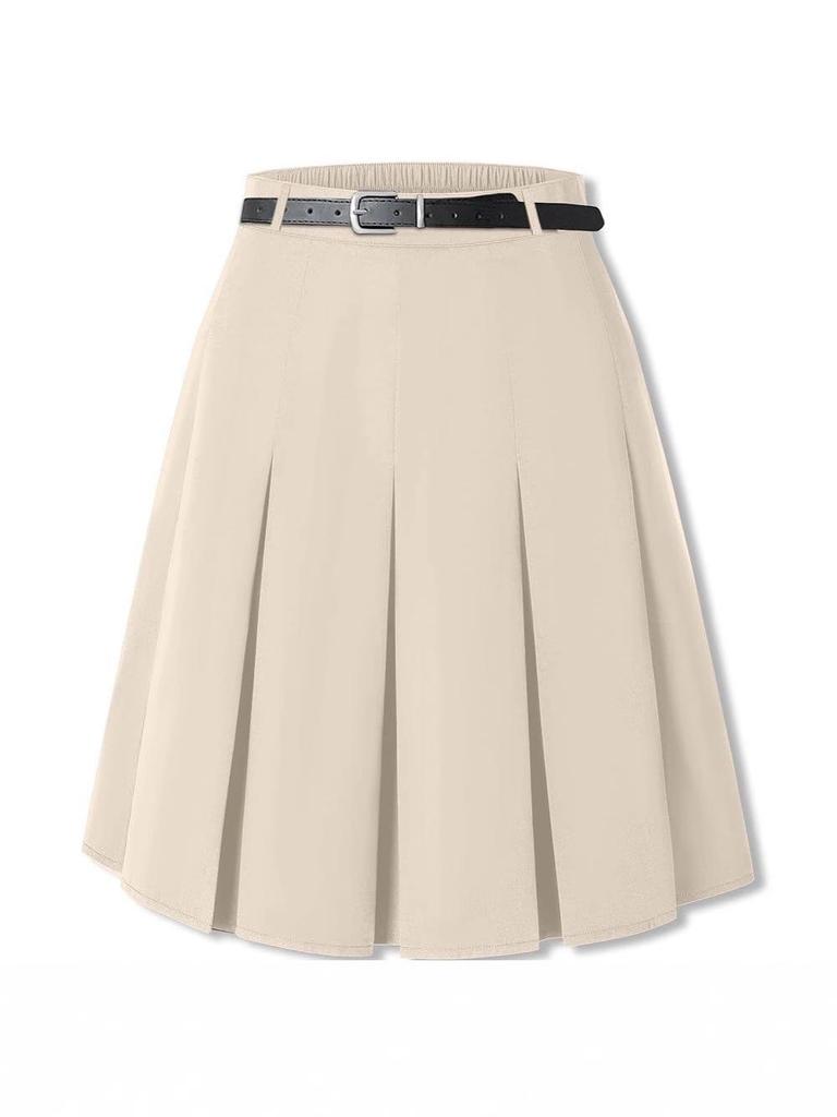 US Plus Size Women's Elegant Knee-Length Pleated Midi Skirt with Belt
