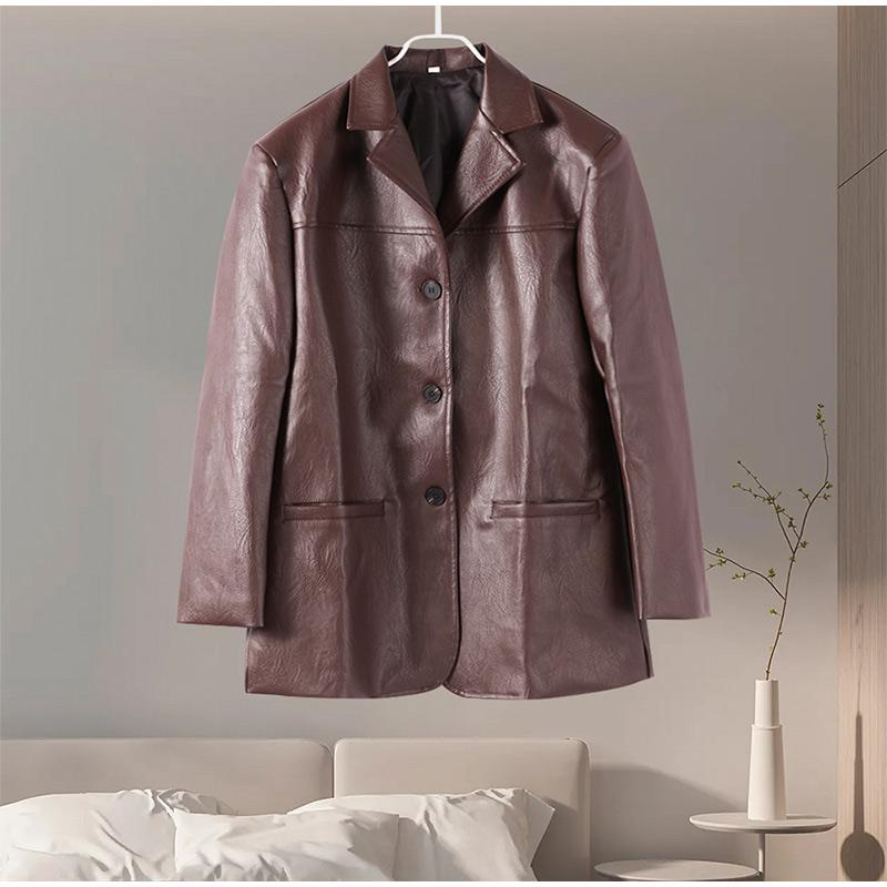 

Винтажная кожаная женская куртка с отложным воротником, однобортные куртки, однотонное модное женское пальто, осенние новые женские пальто L коричневый