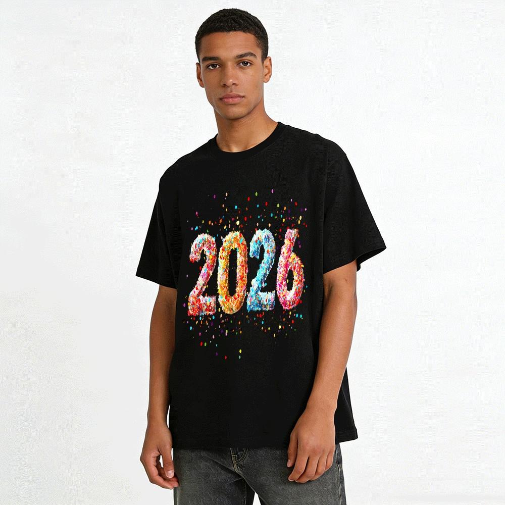 2026 New Year Themed Glitter Print Casual Versatile Crewneck Top Pure cotton T-shirt