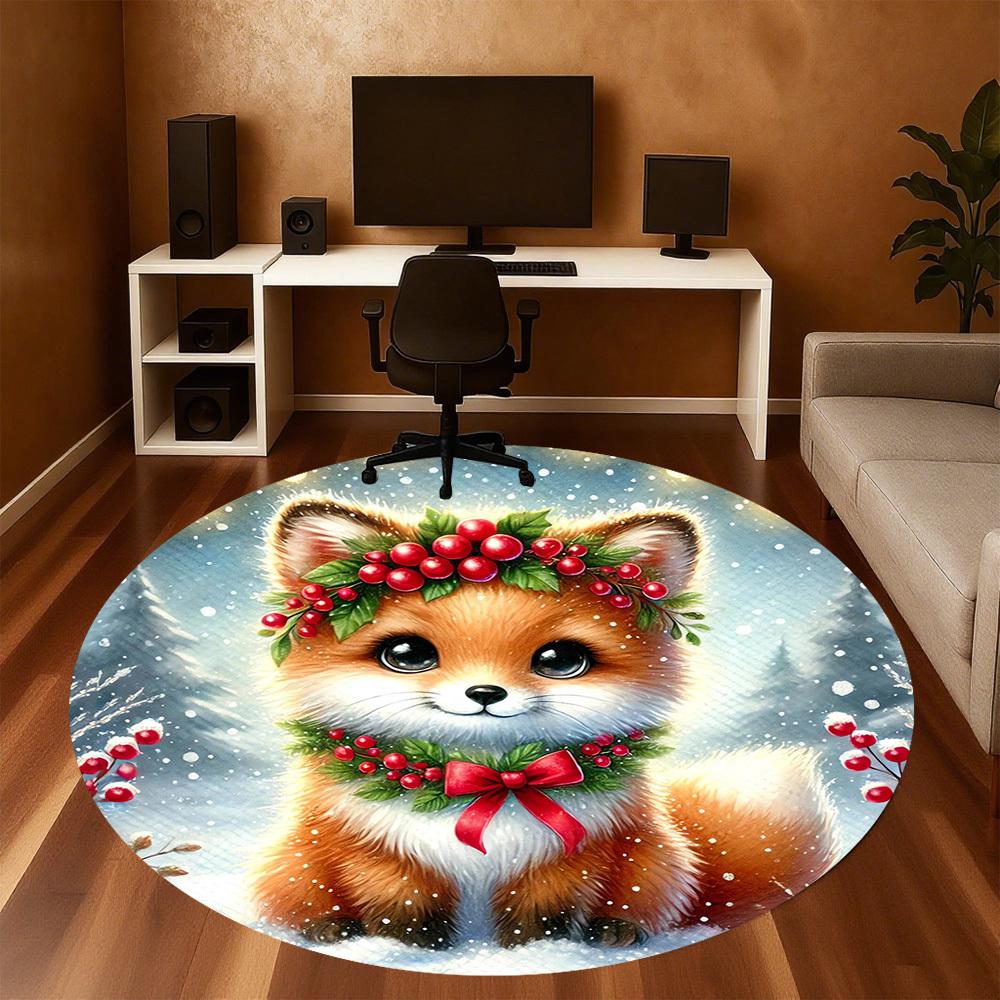 1pc Winter Fox Round Chair Mat Area Rug - Non-Slip, Floor Mat for Office, Bedroom, and Indoor Decor -1002095