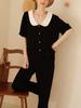 Euyqs Rayon Satin Pajama Short Sleeve Top and Pants Women's Set, (JP, Alphabet, M, Black)