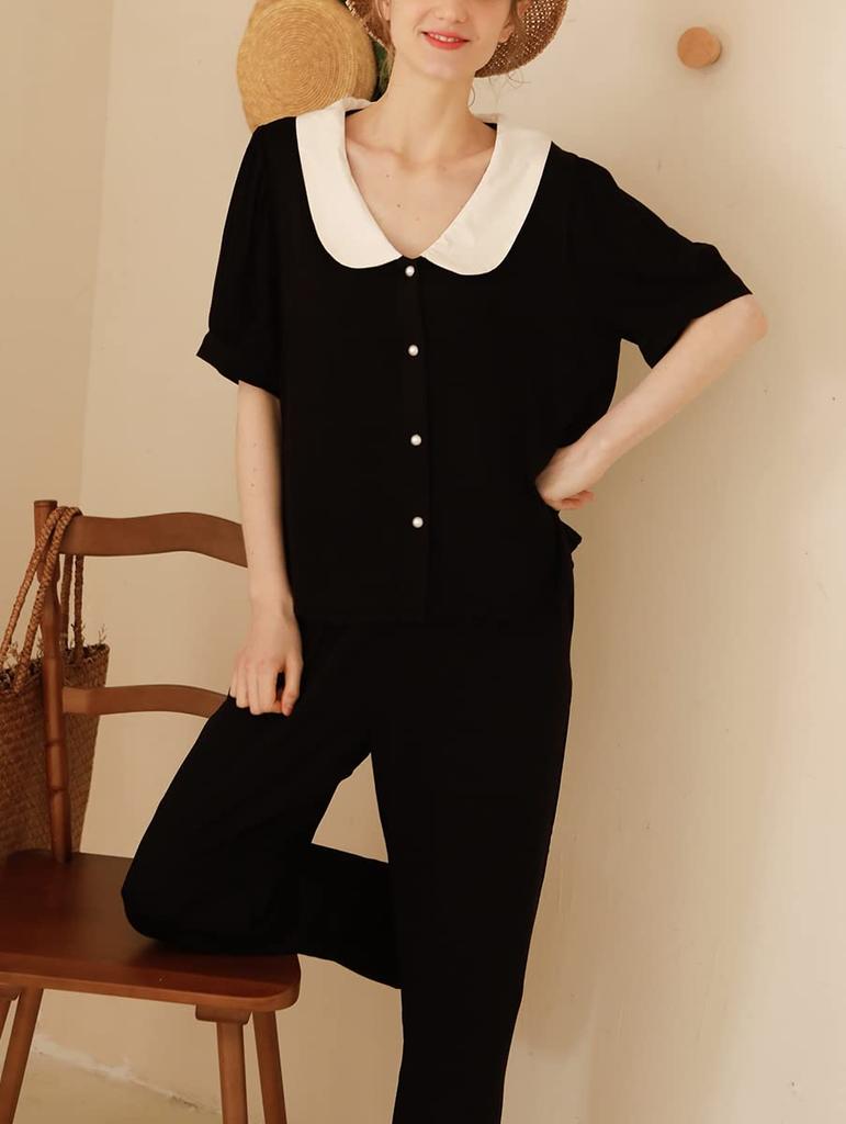 Euyqs Rayon Satin Pajama Short Sleeve Top and Pants Women's Set, (JP, Alphabet, M, Black)