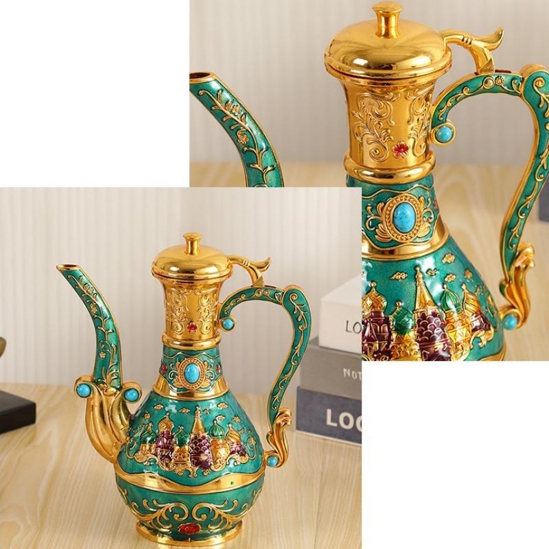 1Set Exquisite Vintage Wine Glass,Engraving Castle Texture Alloy Home Wine Glass Set,Wine Pot Home Living Room Decoration