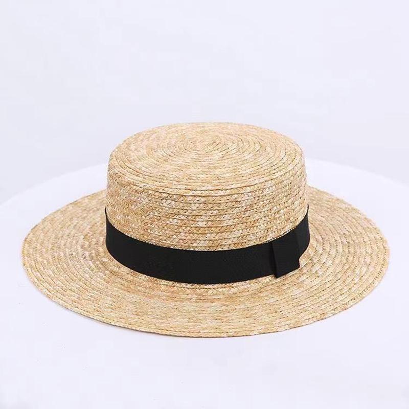 Sommer Unisex Handgefertigt Natürliches Weizenstroh Damen Sonnenhut mit Schleife Breiter Rand Flacher Oberteil Hüte Herren Strand Einfarbige Kappen Sonnenschutz A1