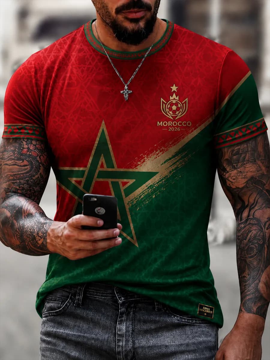 Huiteng12 2026 Marokko Voetbal Fans T-shirt Heren Rood Letterprint Korte Mouw T-shirt Team Voetbal Supporter Casual Sportshirt Top 4XL