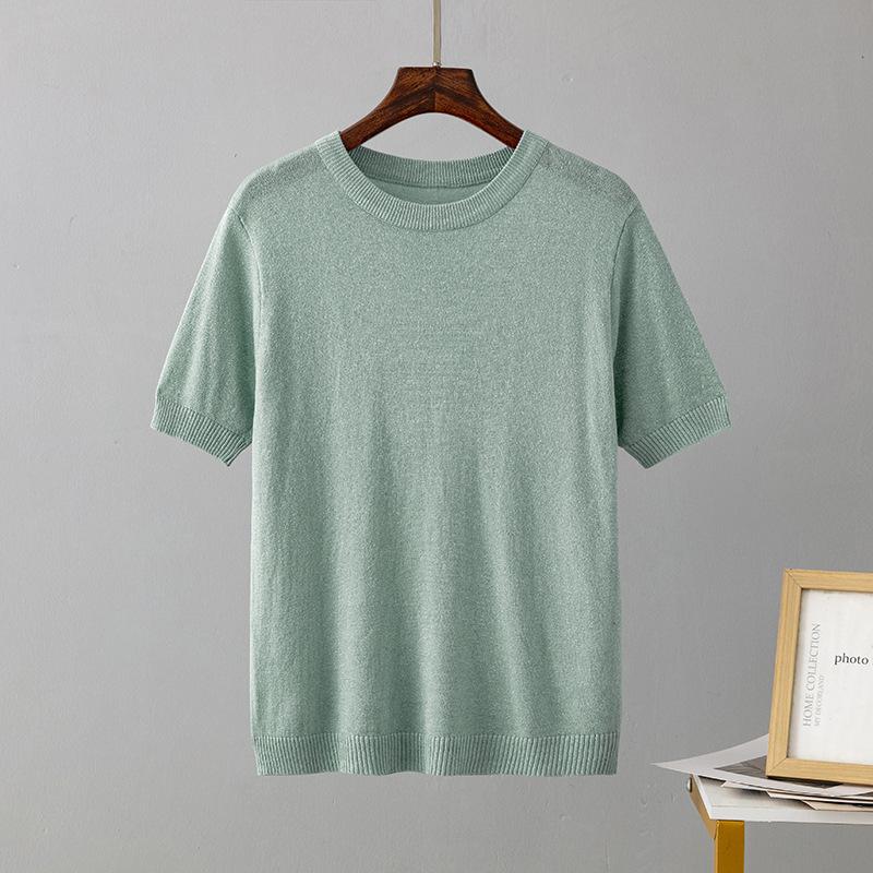 Pletená trička Jednobarevná Kulatý výstřih Krátký rukáv pro ženy Volné pulovrové topy Retro styl Stylové dámské Lesklé ledové hedvábí Šifonové halenky Košile