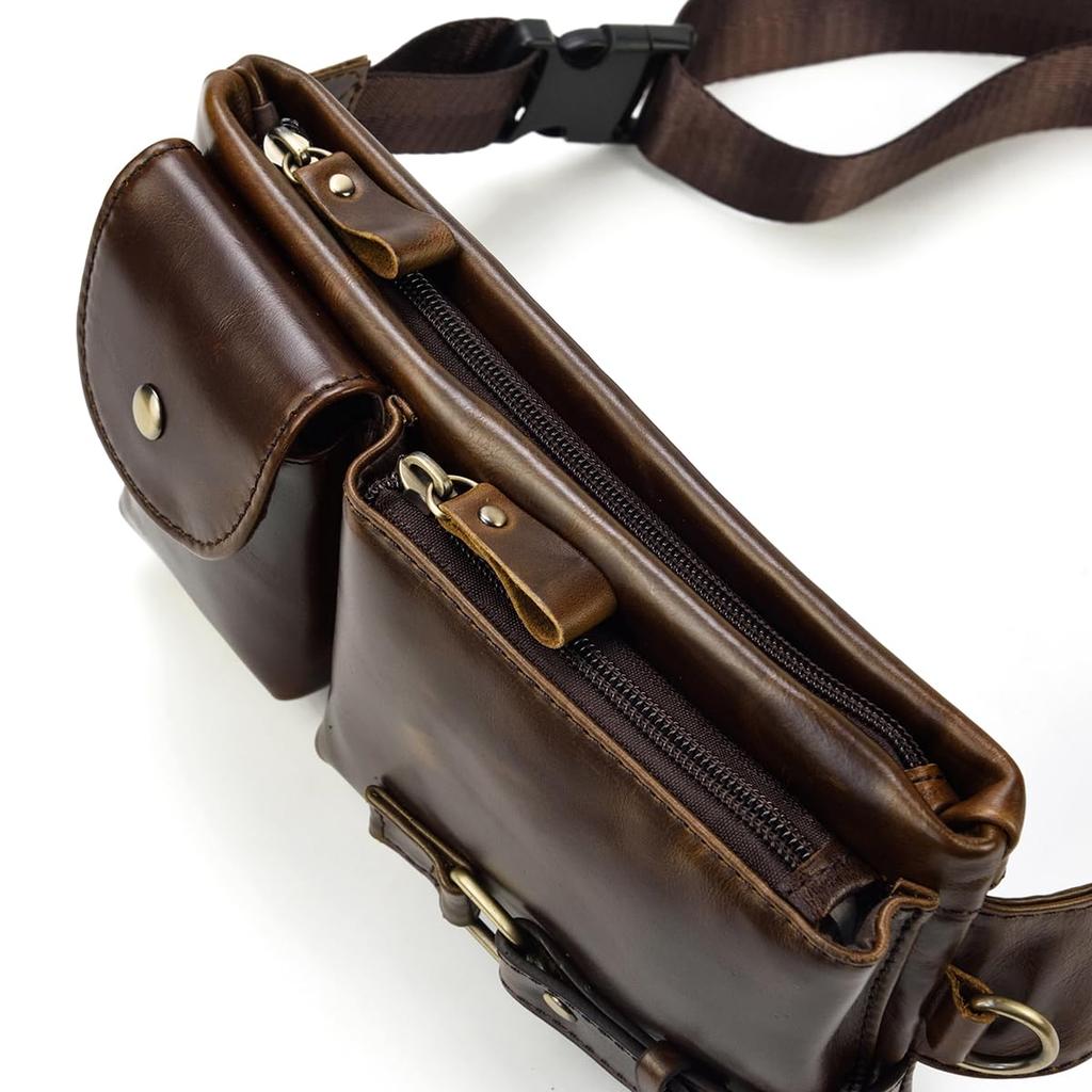 Luufan Genuine Leather Waist Bag for Body Cowhide Crossbody Shoulder Leather Large Capacity Waist Smartphone Lightweight Bicycle Bag Men, 2-Way Bag,