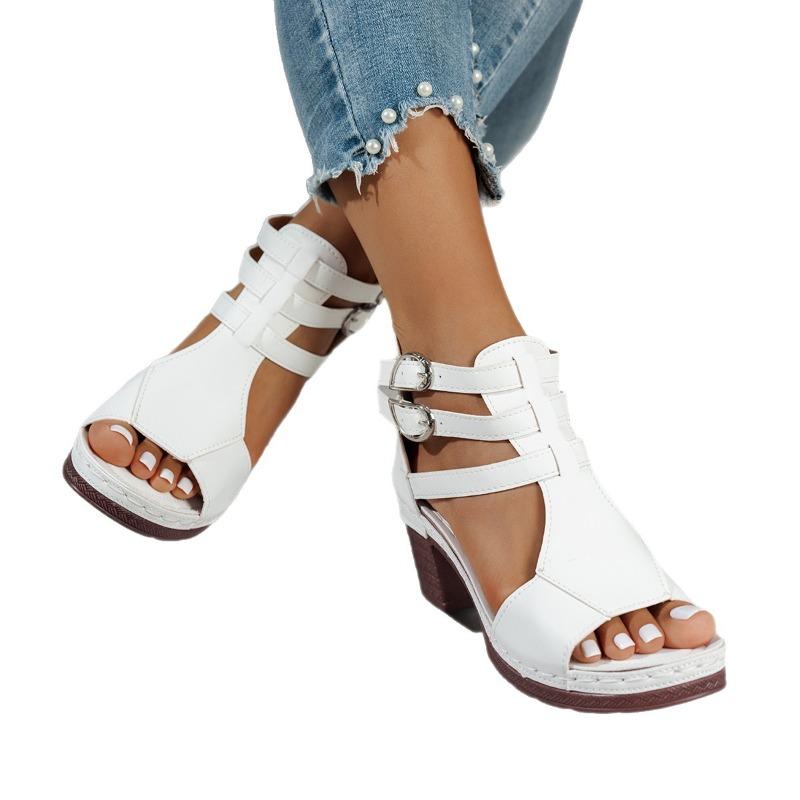Women's Wide Width Peep-Toe Sandals, Roman Style Buckle Wedge Heels, Summer High Heel Slides for Women