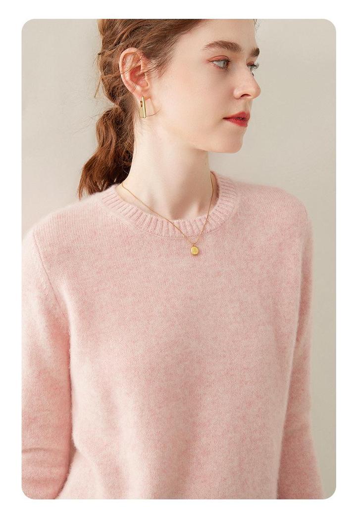 2024 Autumn/Winter Women's Round Neck Cashmere Sweater - Solid Color, Double Ply, Thick Knit Base Layer