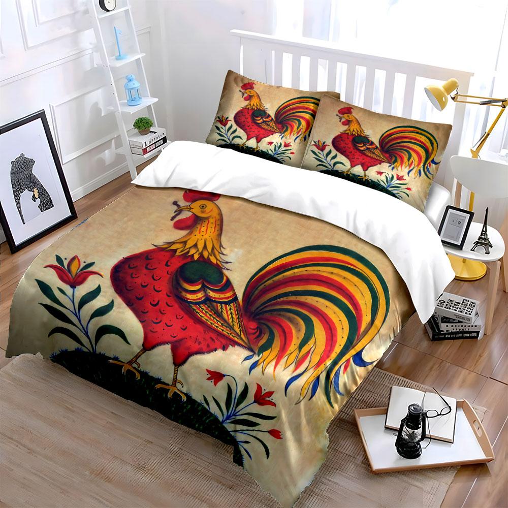Colorful rooster with flowers. Bedding sets Duvet cover sets Duvet covers Pillowcases(1* Duvet Cover 2* Pillowcases without duvet insert)