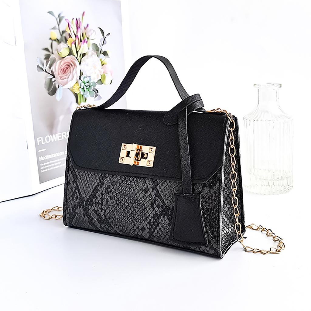 Snake Pattern Contrast Lock Chain Platinum-Small Square Bag