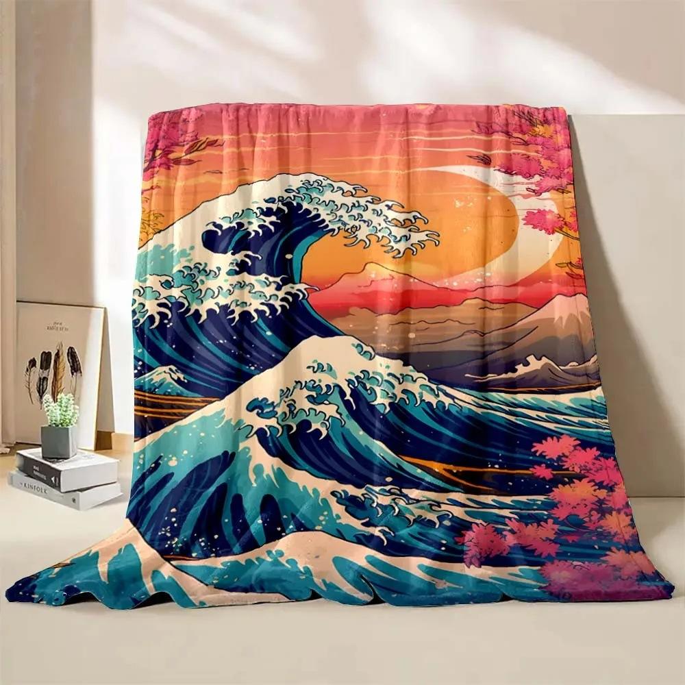 Wave-inspired Ukiyo-e paintings digital-printed polyester velvet flannel cover blanket Fleece soft sofa cover blankets for beds