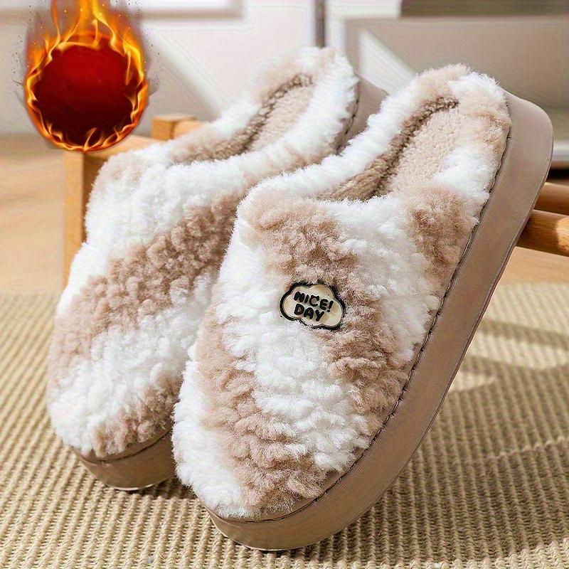 Women's Winter Plush Slip-On Slippers with Thick Sole Striped Pattern Cozy Indoor Footwear