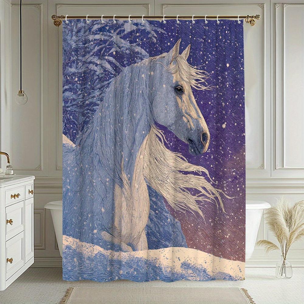 1Pc Elegant White Horse In Snow Shower Curtain - 70.8X70.8 Inch, Washable Polyester Fabric With 12 Hooks, Winter-Themed Bathroom