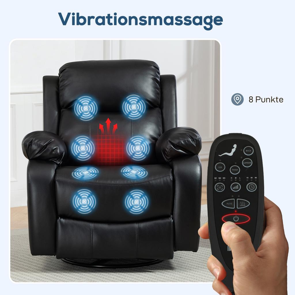 Sedia da Massaggio con 8 Testine Vibranti, Poltrona Reclinabile, Schienale + Poggiapiedi Regolabili, Nera