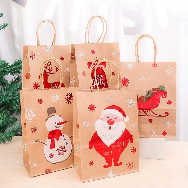 201Pcs Christmas Gift Packaging Bag Biscuit Candy Storage Bag Snowflake Santa Claus Kraft Paper Bag Xmas New Year Gift Handbag