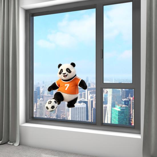 Football Panda Design Window Sticker, No Glue Residue Glass Decal for Living Room Bedroom Entrance Hall Home Decor