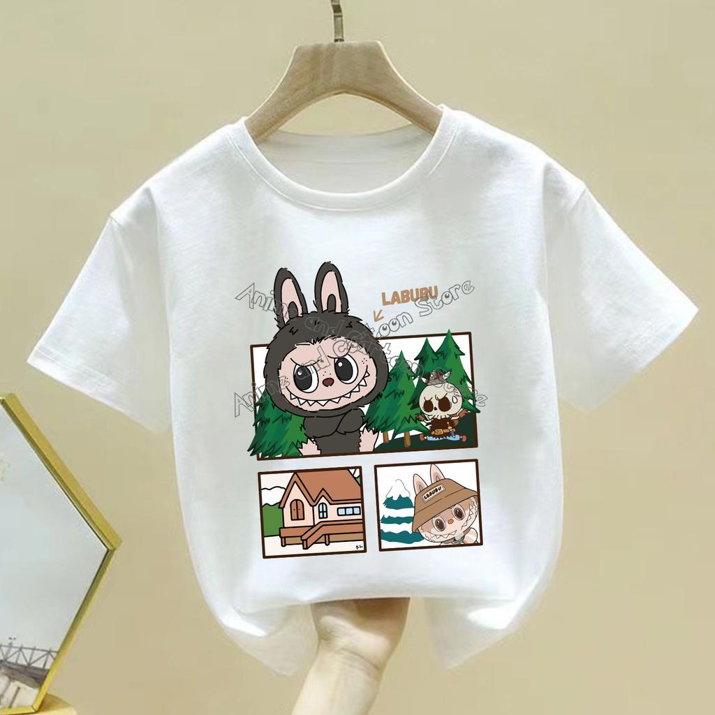 Fashion Labubu White Children's T-shirt Cute Cartoon Girl Round Neck Short Sleeved Clothes New Comfortable Loose Children's Top