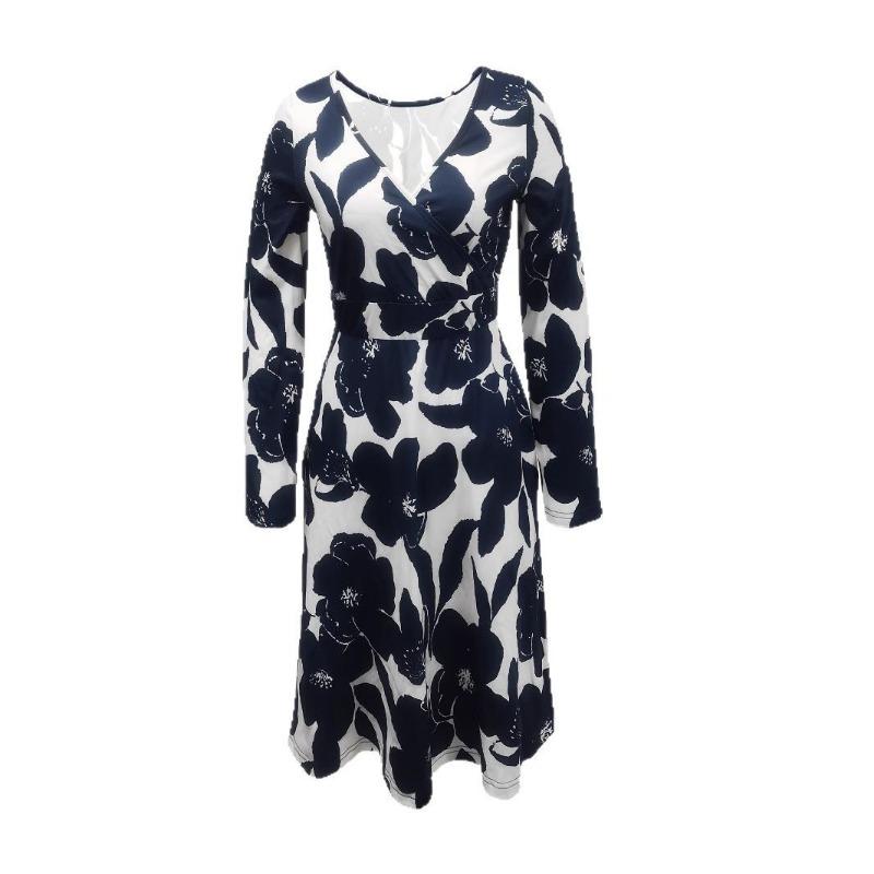 Women Elegant V Neck Floral Print Pocket Loose Long Dress