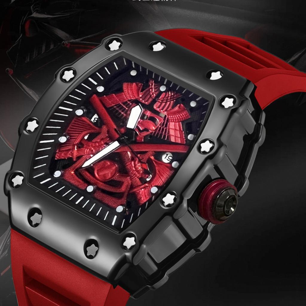 Men Quartz Wristwatch Tonneau Square Hollow Samurai Dial Silicone Rubber Strap Luminous Pointer Sport Male Wrist Watch Fashion