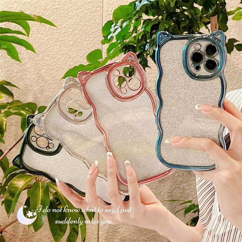 Luxurious Electroplated Glitter Cat Ear Case for iPhone 17 Pro Max, Apple 16, 15 for Women, 14 Soft Case for Men