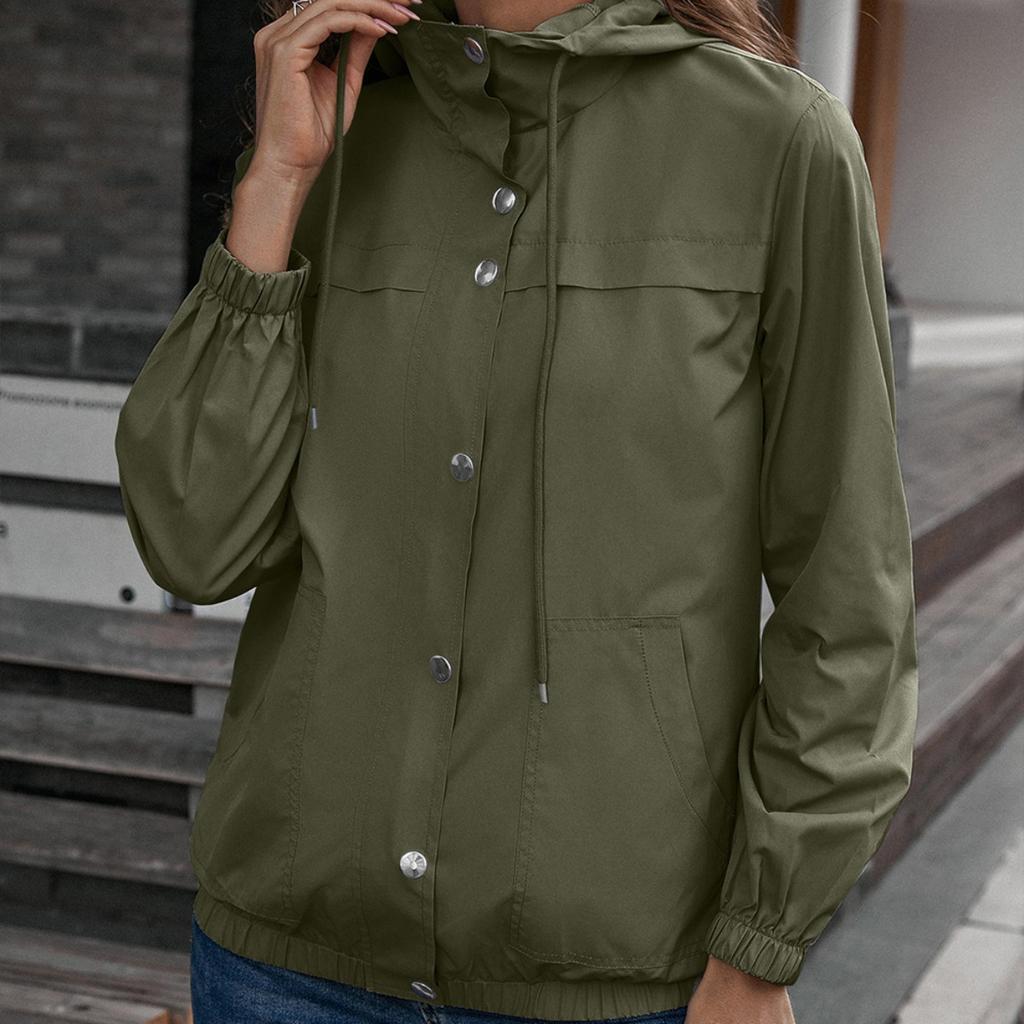 Women's Hooded Long Sleeve Jacket Slim Fit Windproof Water Resistant Outdoor Snap Button Windbreaker