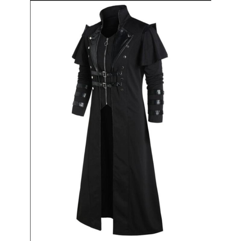 Vintage Halloween middeleeuwse Steampunk Assassin Elfen piraat kostuum volwassen mannen zwarte lange split jas gotische pantser lederen jassen