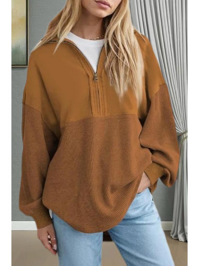 

Autumn 2025 Women s European & American Waffle Knit Half-Zip Pullover Top M коричневий