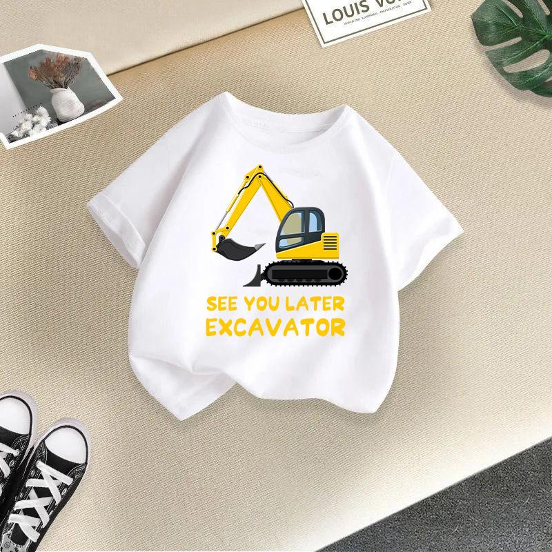 

2025 Детская Милая Футболка Экскаватор Комбинация Мультфильмы Бульдозер Футболки Kawaii Детская Повседневная Одежда Девочки Мальчики Топы Harajuku 100 золотой