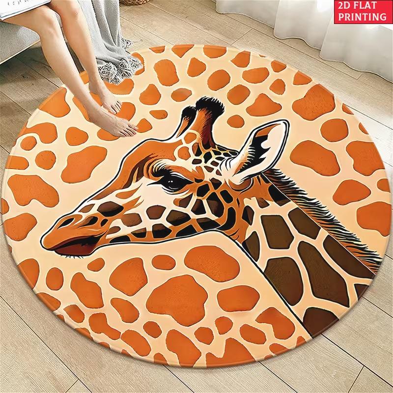 Giraffe Print Round Area Rug Animal Themed Non-Slip Floor Carpet Whimsical Safari Aesthetic Decor Mat for Living Room
