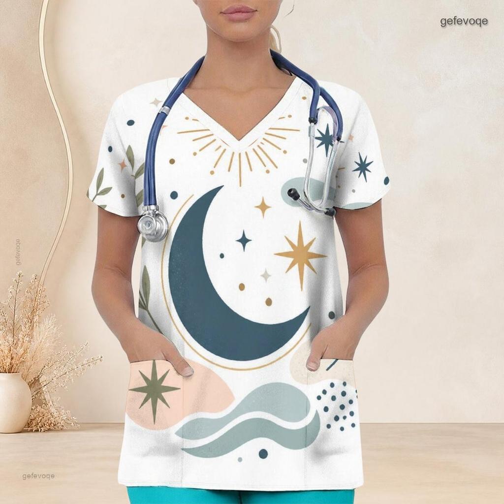 Women Plus Size V Neck Short Sleeve Scrub Top Boho Abstract Multicolor Heart Star Print Nurse Uniform Top
