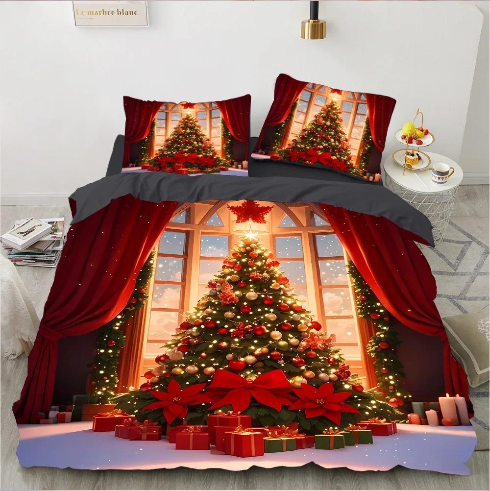 3D Christmas Santa Reindeer Print Duvet Cover Set, Soft Microfiber Winter Holiday Bedding Set With Pillowcases