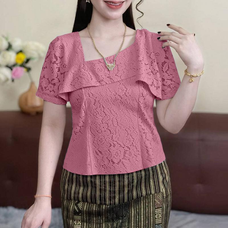 

ZANZEA Womens Casual Irregular Collar Summer Short Sleeve Lace Blouse 5XL кларет