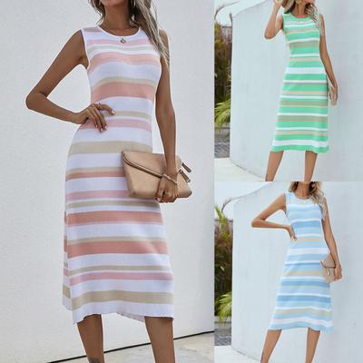 Ladies Casual Fashion Sexy Comfortable Cool Sleeveless Striped Knitted Dress