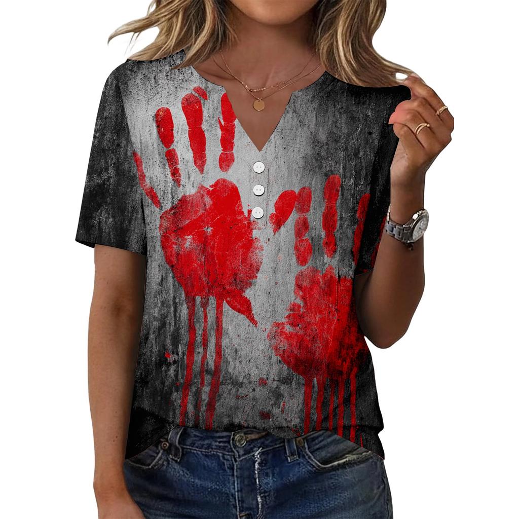 Womens Casual Halloween Printed V Neck Short Sleeve Button Down T Shirt Top for Daily Wear Holiday Party Outfit