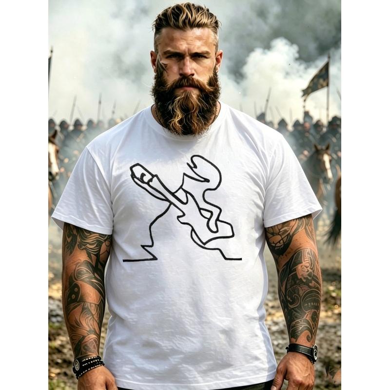 T-shirt Noir Homme Avec Impression Ligne Minimaliste Guerrier Pour Aventure Extérieure Et Tenue Décontractée, Grande Taille