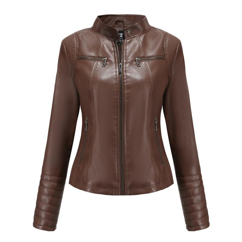 Womens PU Leather Moto Jacket Short Fit Stand Collar Casual Chic Biker Style Lightweight