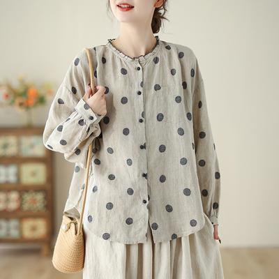 Chemises Taille Asiatique Blouse Coton Lin Chemise Imprimée à Pois Col à Volants Haut Ample à Manches Longues pour Femmes