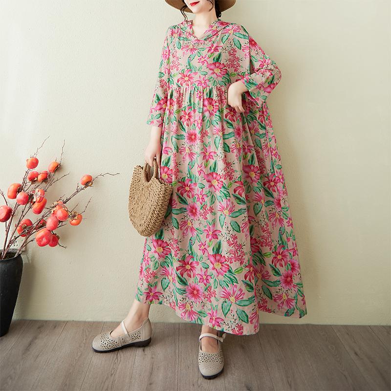 Dimanaf 2025 Summer Women Plus Size Basic Dress Hooded Pleated Casual Long Loose Vintage Floral Dress Maxi